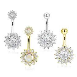 New 14G 1.6x10mm Curved Bar Sunflower Navel Piercing Ombligo White AB zircon Belly Button Rings Surgical Steel Belly Piercing