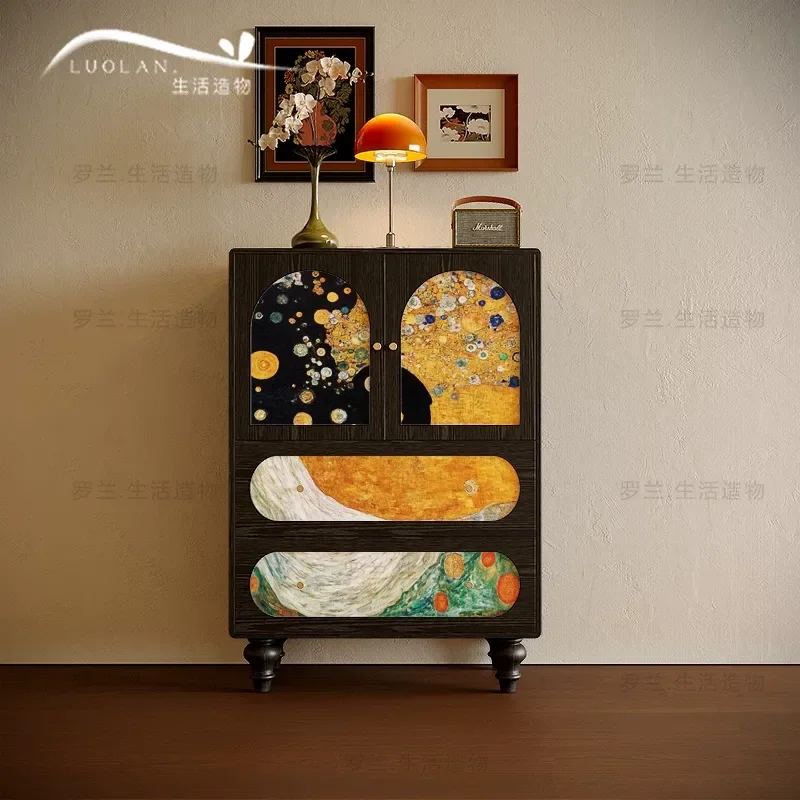 Retro Painted Solid Wood Chest Bedroom Bedside Decorative Locker Entrance Living Room Storage Arc Vertical Cabinet