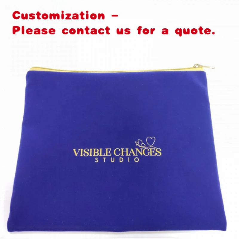 custom.Custom Large Blue Satin Lined Velvet Zipper Pouch With Embroidery