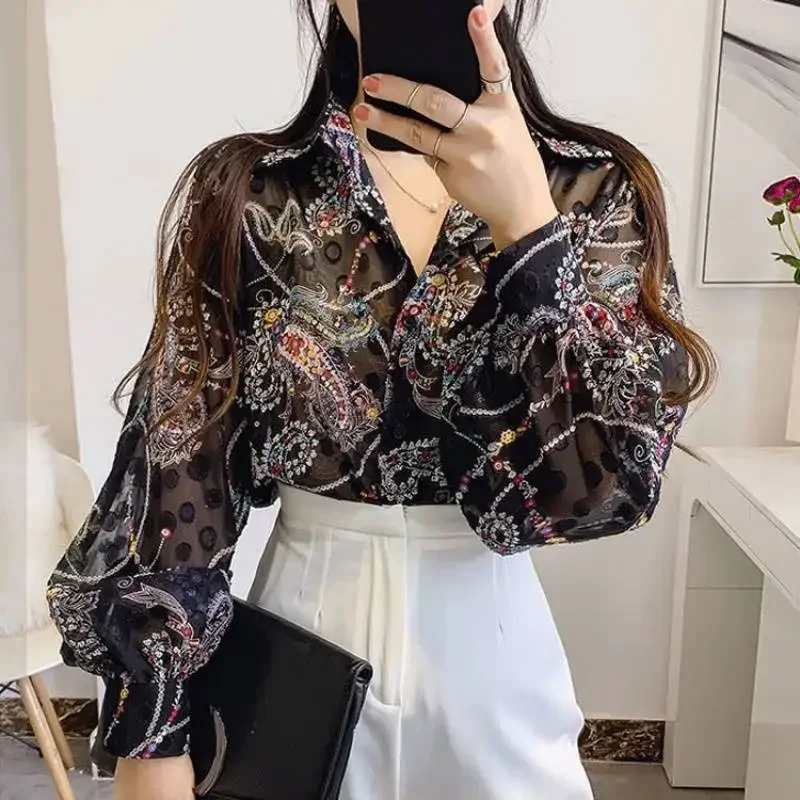 Flower Print Long Lantern Sleeve Casual Chiffon Shirts 2024 Summer Women Clothes Vntage Button Loose Turn-down Collar Tops 21537