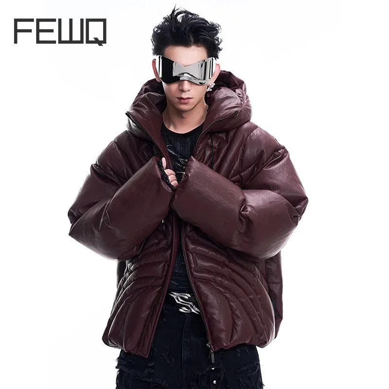 FEWQ Niche Matte Hooded Leather Men\'s Cotton Jacket 2024 Autumn Winter New Thick Warm Long Sleeve Trendy Versatile Coats 24E5159