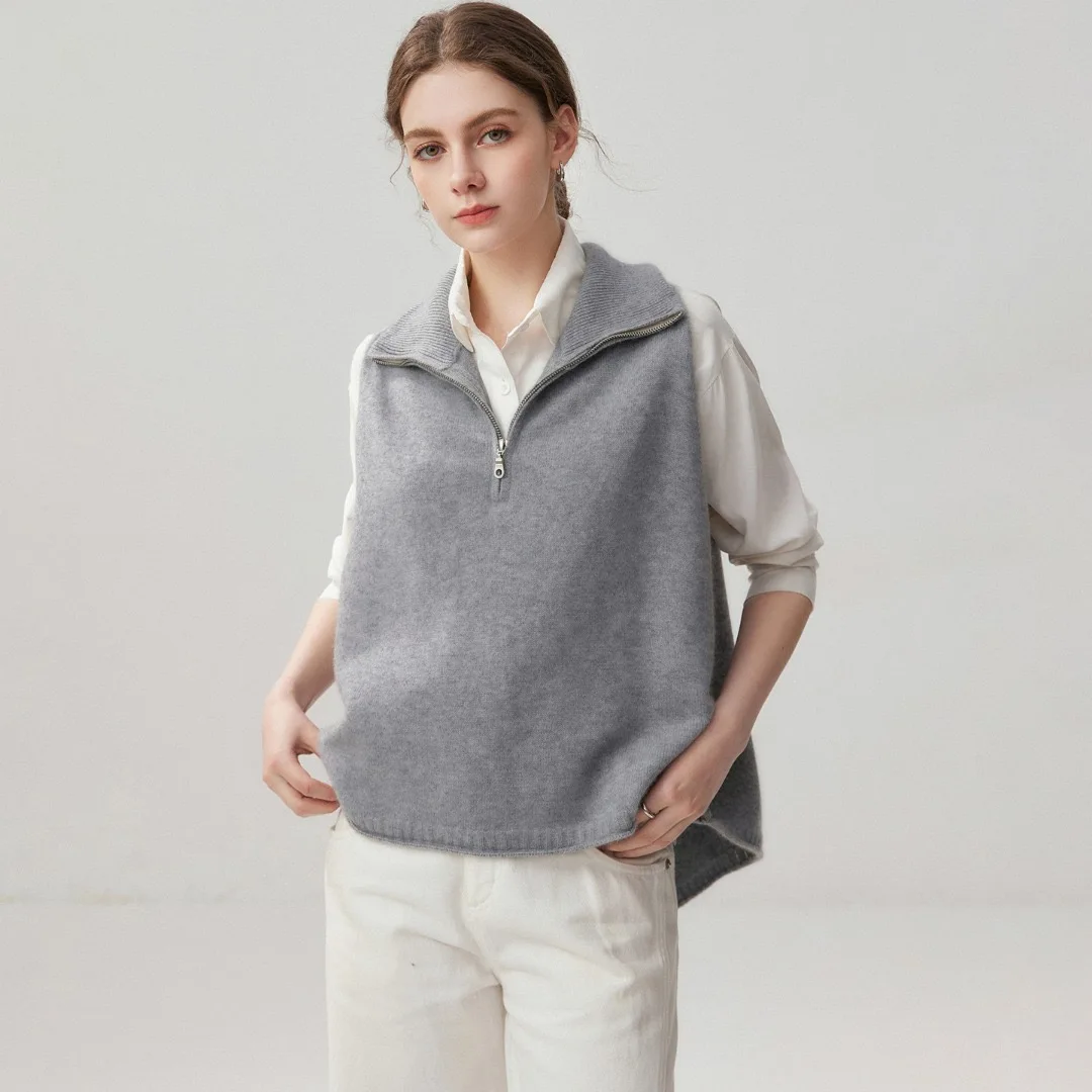 Women's 100% cashmere knitted pullover vest Turtleneck sleeveless sweater loose oversize outerwear fashion Tops zipper Jumper