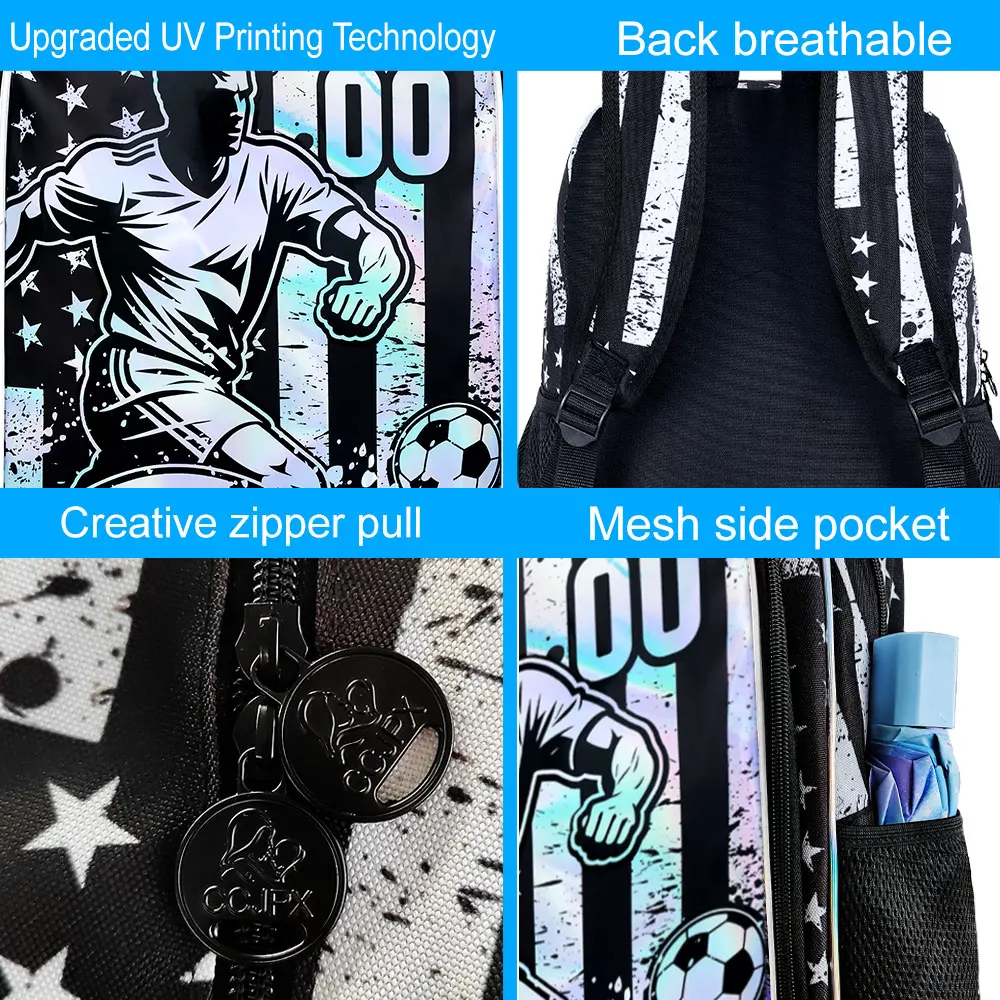 Tas Ransel Sepak Bola 17 inci untuk Anak Laki-laki, 3Pcs Tas Sekolah Anak Tahan Air untuk Prasekolah, Tas Sekolah TK Keren dengan Kotak Makan Siang