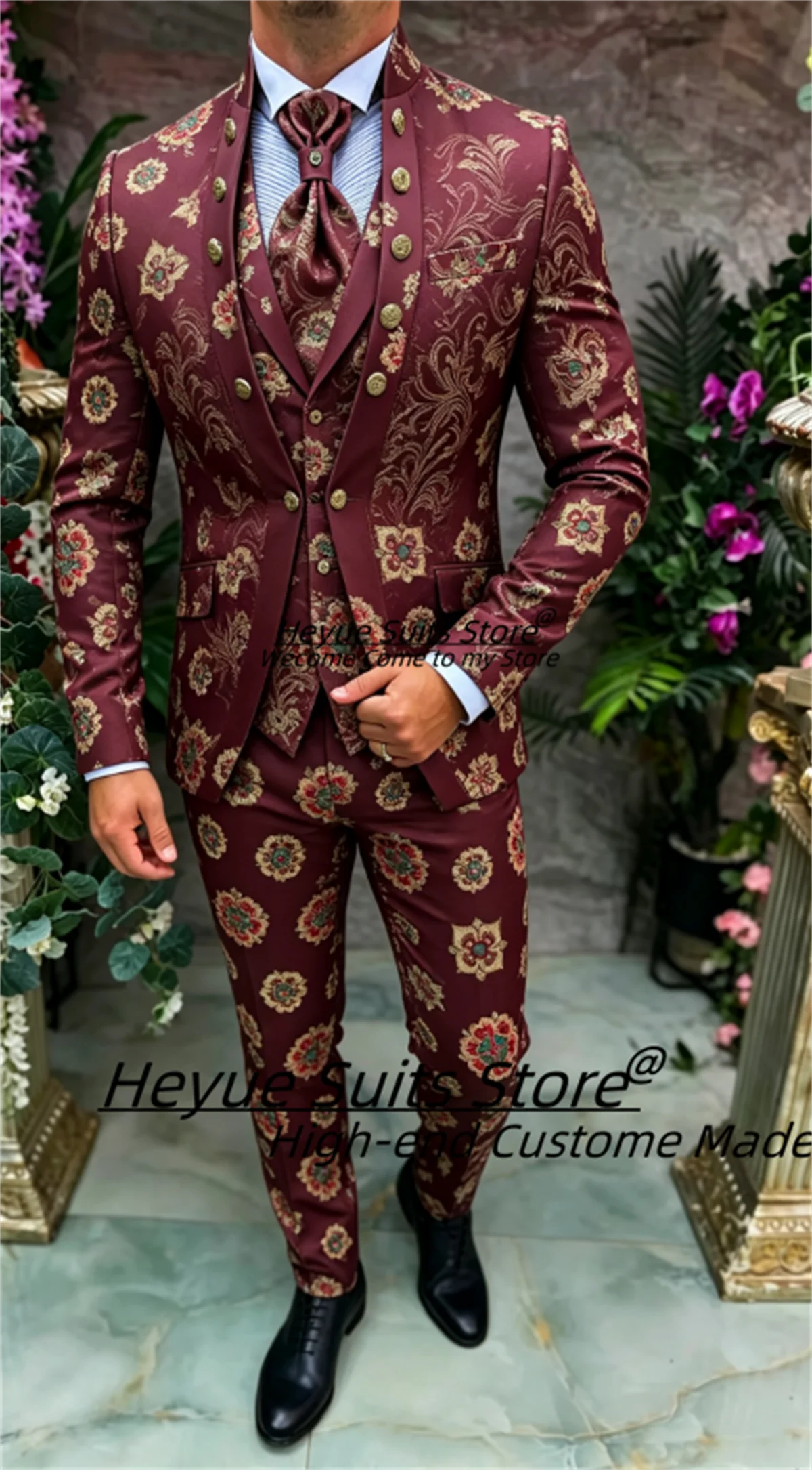 Customized Burgundy Floral Jacquard Men Suits Slim Fit Stand Collar  Groom Wedding Tuxedos 3 Pieces Sets Male Formal Blazers