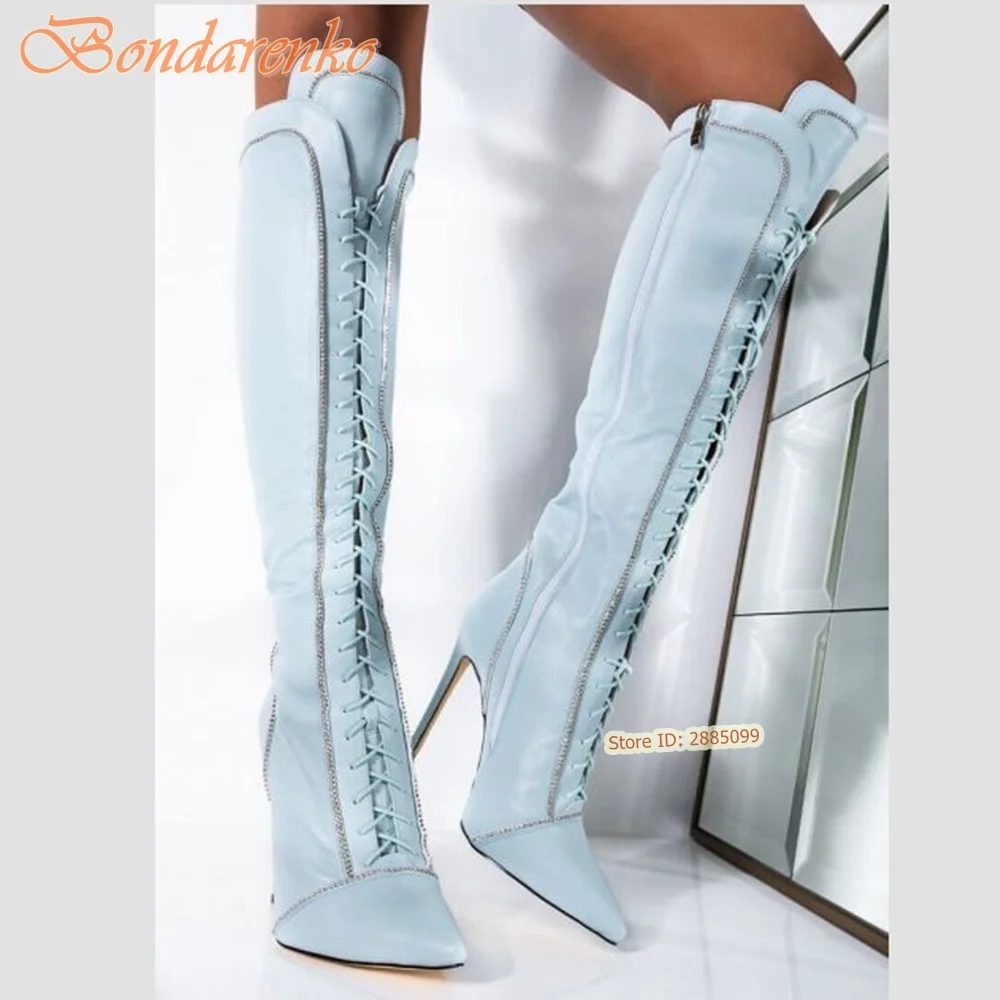 Shiny Laser Knee High Boots Pointy Toe Solid Thin High Heels Cross Tied Side Zipper Women Sexy Shoes Autumn Party Designer Boots