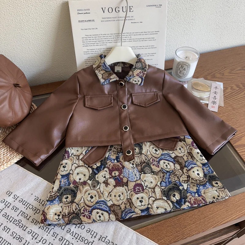 

Children's Outfit Skirt New Autumn Girl Baby Korean Style Short Leather Jacket+Floral Dress Two-Piece Set Trendy