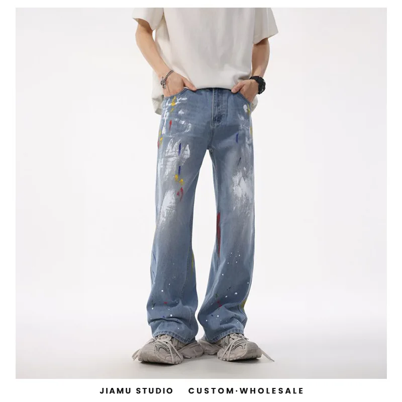 American High Street Paint Splash Ink Jeans Neutral Style Loose Wide Leg Jeans Men Straight