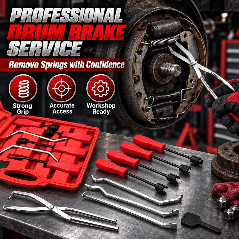 8Pcs Drum Brake Service Tool Set Spring Removal Pliers Brake Adjuster Spoon Hold Down Tools Automotive Maintenance Kit with Case
