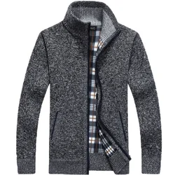 Winter Thick Men's Knitted Sweater Coat Off White Long Sleeve Cardigan Fleece Full Zip Male Causal Plus Size Clothing for Autumn