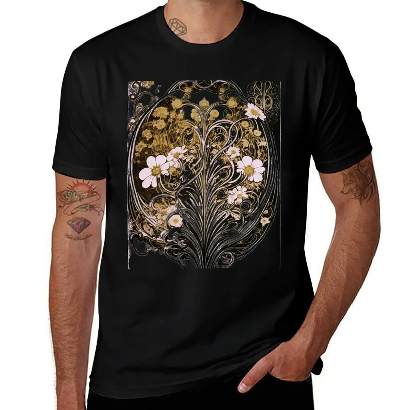 Vintage Art Nouveau Alphonse Mucha Classical Nature Flower Print T-Shirt Long Lasting Casual T-Shirt