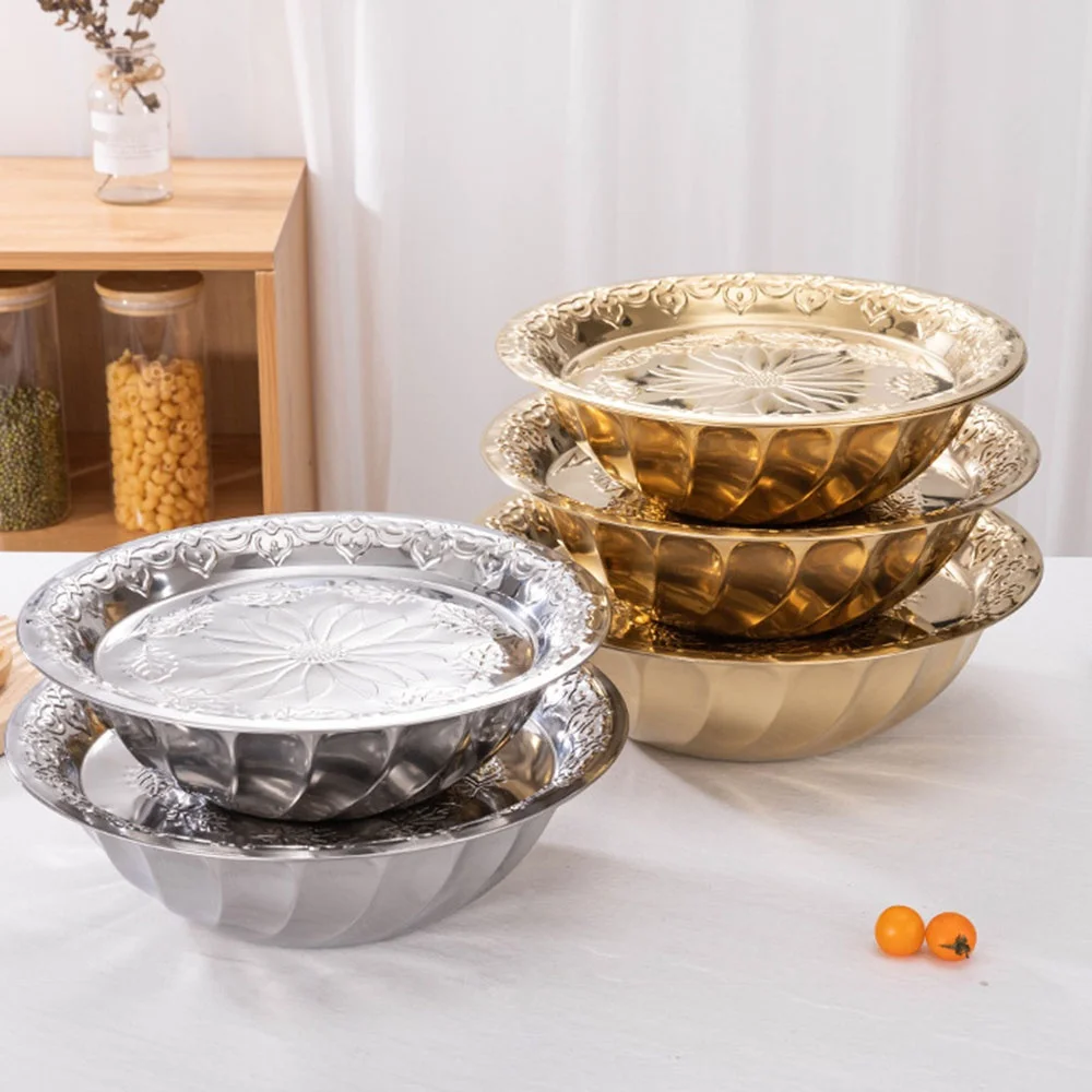 

1pc Stainless steel basin, household printed soup basin, living room fruit basin, circular tray, vegetable washing basin, basin,