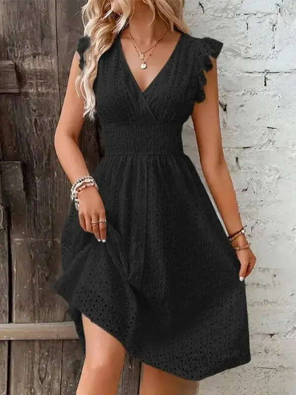 Summer Women V-Neck Beach Dress Flare Sleeve Solid Color Hollow Lace Waist Dress Casual Beach Holiday Dresses Casaul GQ5K
