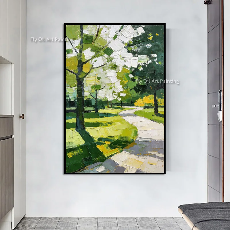 Green Park Landscape Small Road Wall Art Decor Hand Drawn Modern New Canvas Tree View Oil Painting On Canvas Large Artwork Decor