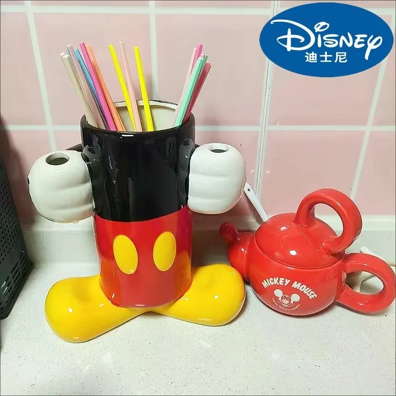 Disney Anime Mickey Mouse Holder Ceramic Home Decoration Flower Vase Movable Doll Toy Kitchen Chopstick Holder Tube Storage Gift