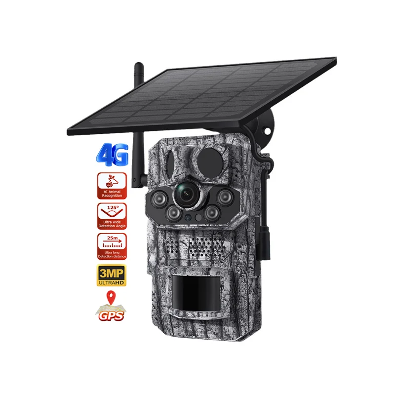 Outdoor IP66 Waterproof 3MP HD Night Vision 4G Camouflage 940nm PIR Hunting Camera AI Motion GPS Tracking Solar Trail Camera