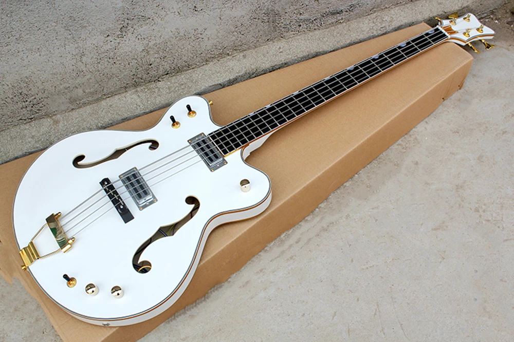 Flyoung 4 Strings White Semi-hollow Body Electric Bass Guitar with Rosewood Fingerboard,Offer Customize