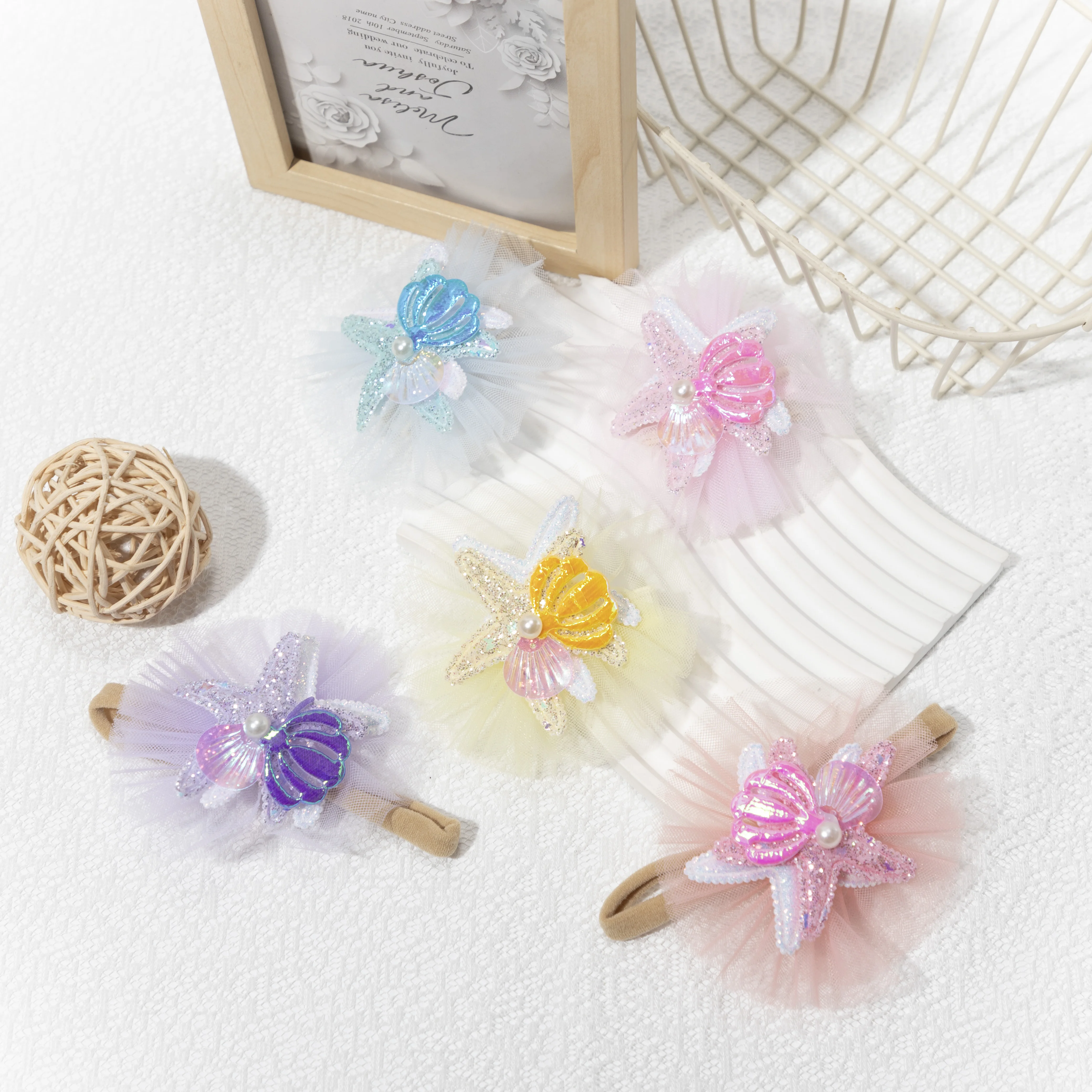 

2pcs/set Baby Nylon Headbands Color Mesh Shells Hairpins Shiny Princess Sweet Children's Hair Accessories Photo Prop Party