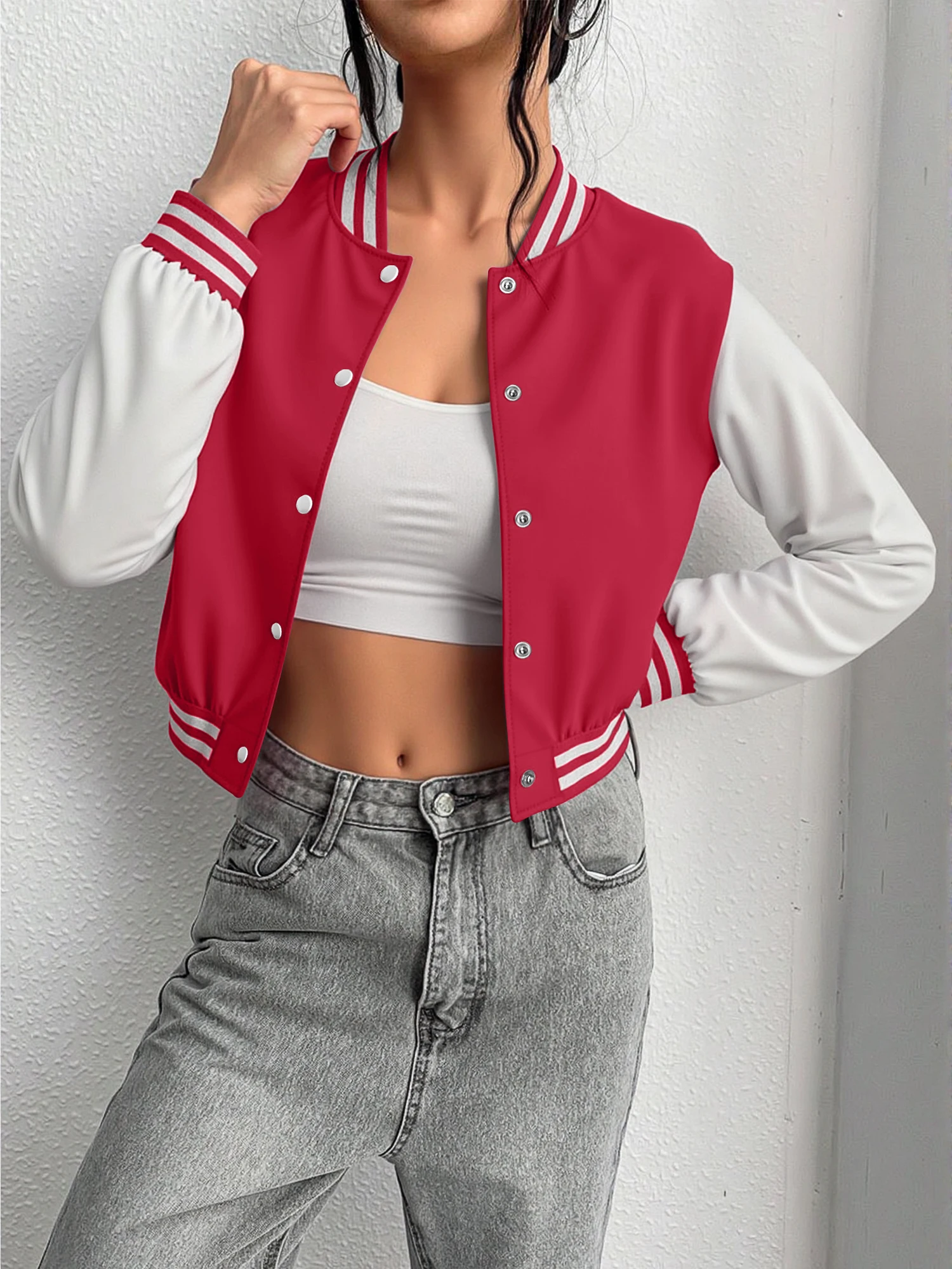 2026 New Women Cropped Baseball Jacket Retro College Style Button Bomber Coat Long Sleeve Street Fashion Crop Outerwear