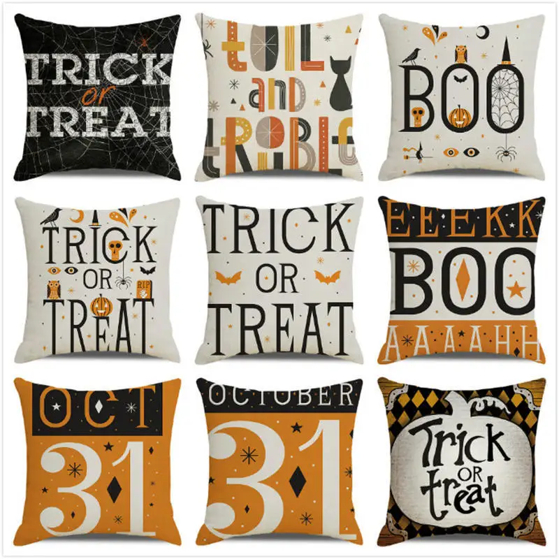 Halloween Pillowcase 45x45cm Linen Cushion Cover Halloween Ornament Home Decorations Skull Letters Pillow Cover fundas de cojin