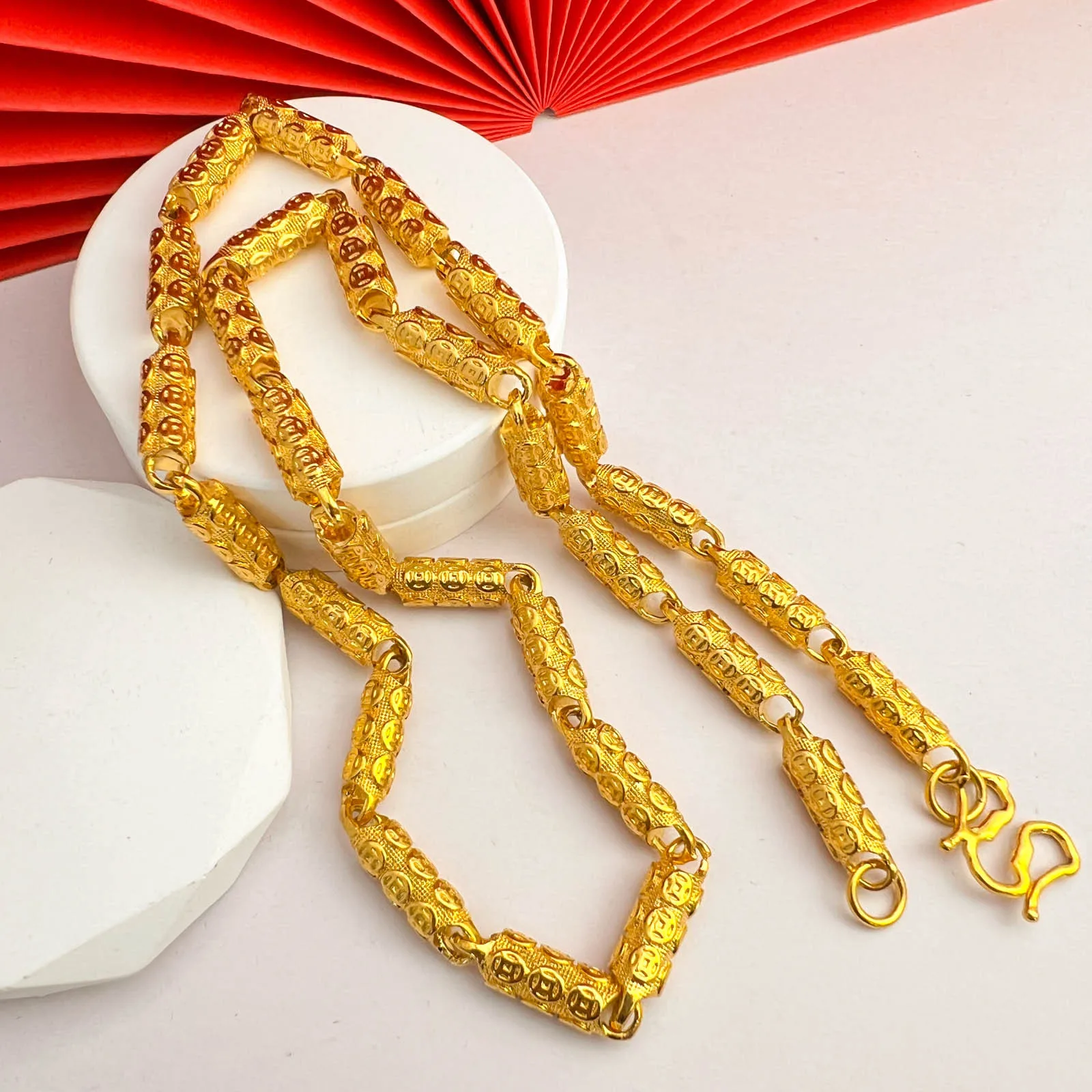 24K real gold ancient coin pattern cylindrical necklace 9999 personalized fashion 6mm coin solid men's necklace