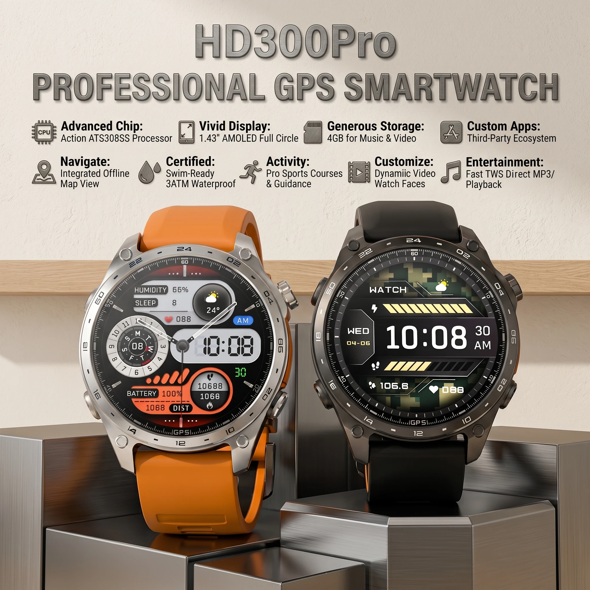 

HD300Pro 1.43" AMOLED GPS Smart Watch 4GB ROM Offline Map Bluetooth 5.4 Call ATM Waterproof Diving Outdoor Sports Smartwatch Men
