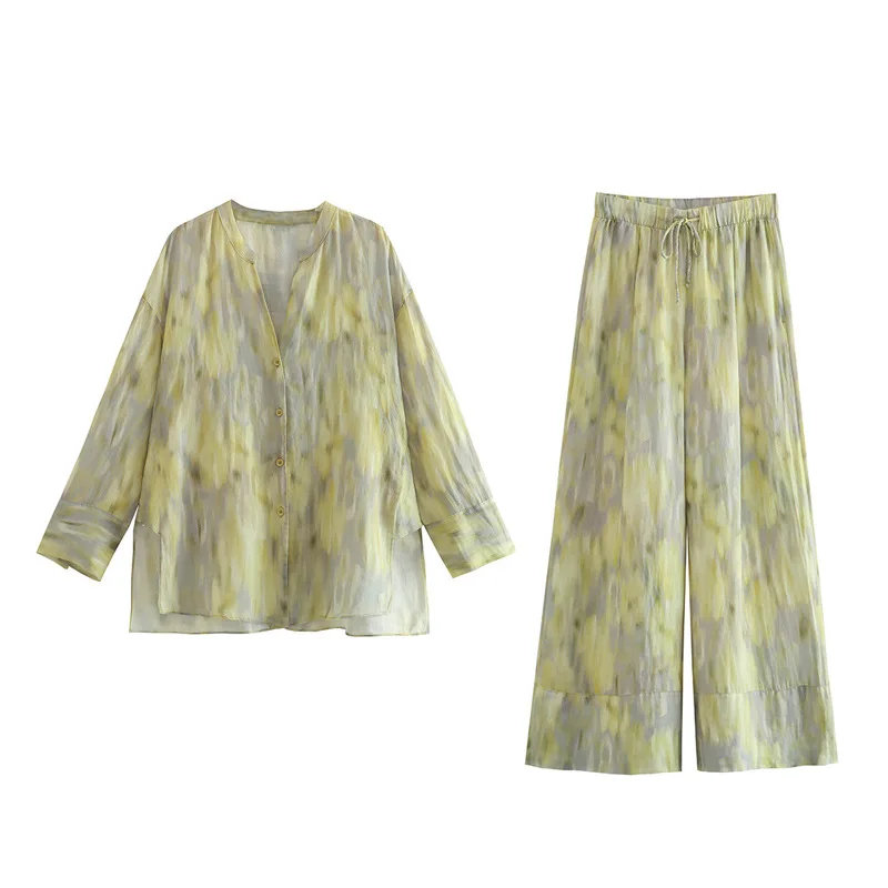 

Повседневные свободные прямые брюки на шнуровке с эластичной резинкой на талии + однобортная рубашка с v-образным вырезом и длинными рукавами, костюм из двух предметов, женская одежда, лето