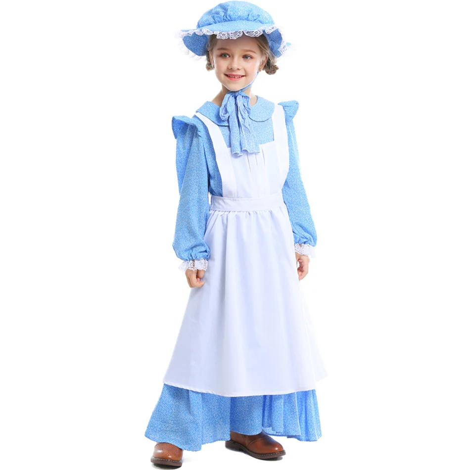 

Girls Pastoral Style Blue Floral Print Hat Apron Outfits Children Day Stage Performance Cosplay Costume Kids Carnival Frocks