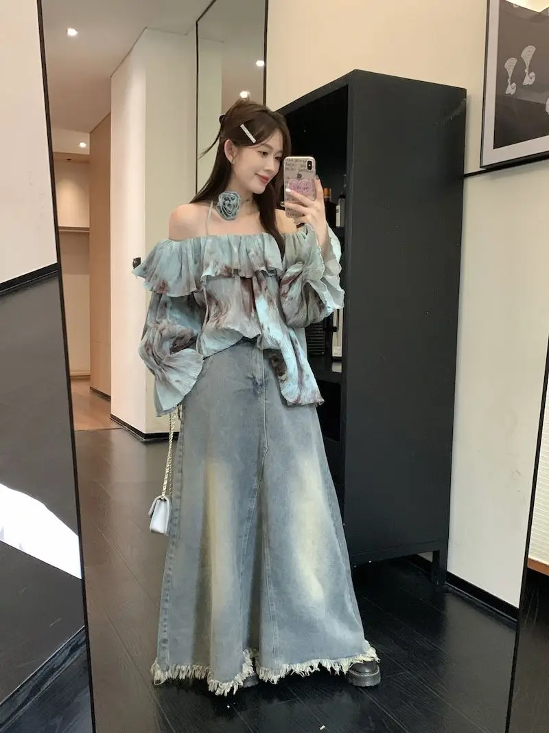 Loose Tie Dye One Shoulder Lotus Leaf Edge Off Shoulder Long Sleeved Shirt with Women's Design Sense Niche and Unique Top