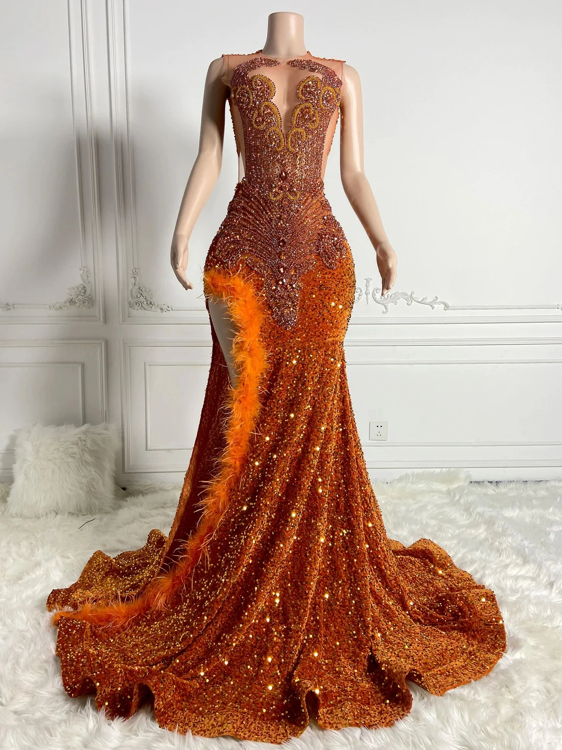 Orange Sheer Long South African Prom Dresses For Black Girls Mermaid See Through Crystal Feather Nigeria Evening Gown Customized