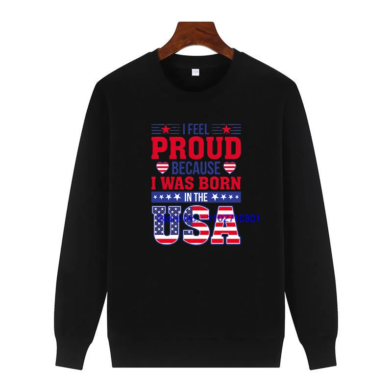 Suéter Masculino de Gola Redonda em Fleece com Estampa 'Eu Me Sinto Orgulhoso de Ter Nascido nos EUA' Confortável e Quente para o Inverno