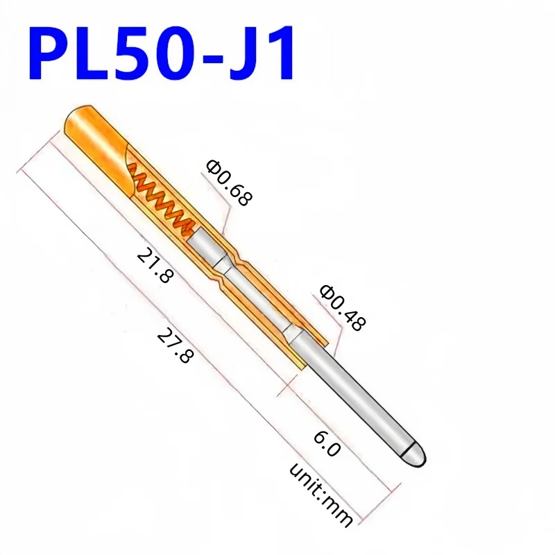20/100PCS PL50-J1 Spring Test Probe Phosphor Bronze Nickel Plated PCB Probe Dia 0.68mm Length 27.80mm Probe Tool Test Pin PL50-J