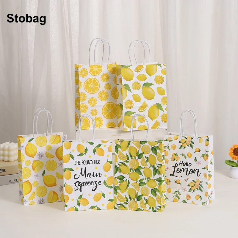 

StoBag 24pcs Yellow Lemon Kraft paper Gift Tote Packaging Bags Children for Candy Storage Baking Pouch Birthday Party Favors