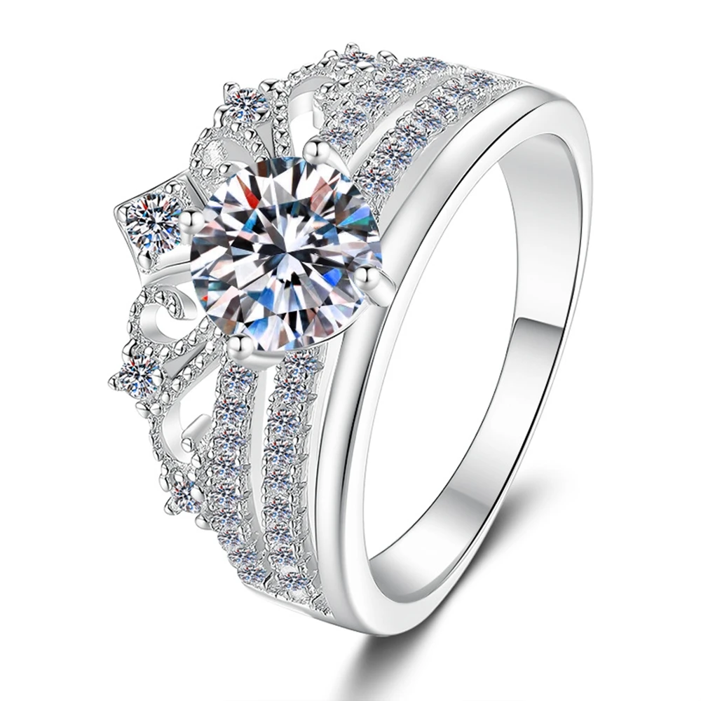 D Color 1-2ct Missanite Ring S925 Sterling Silver Crown Zircon Wedding Rings for Woman Marry Anniversary Party Jewelry Gift