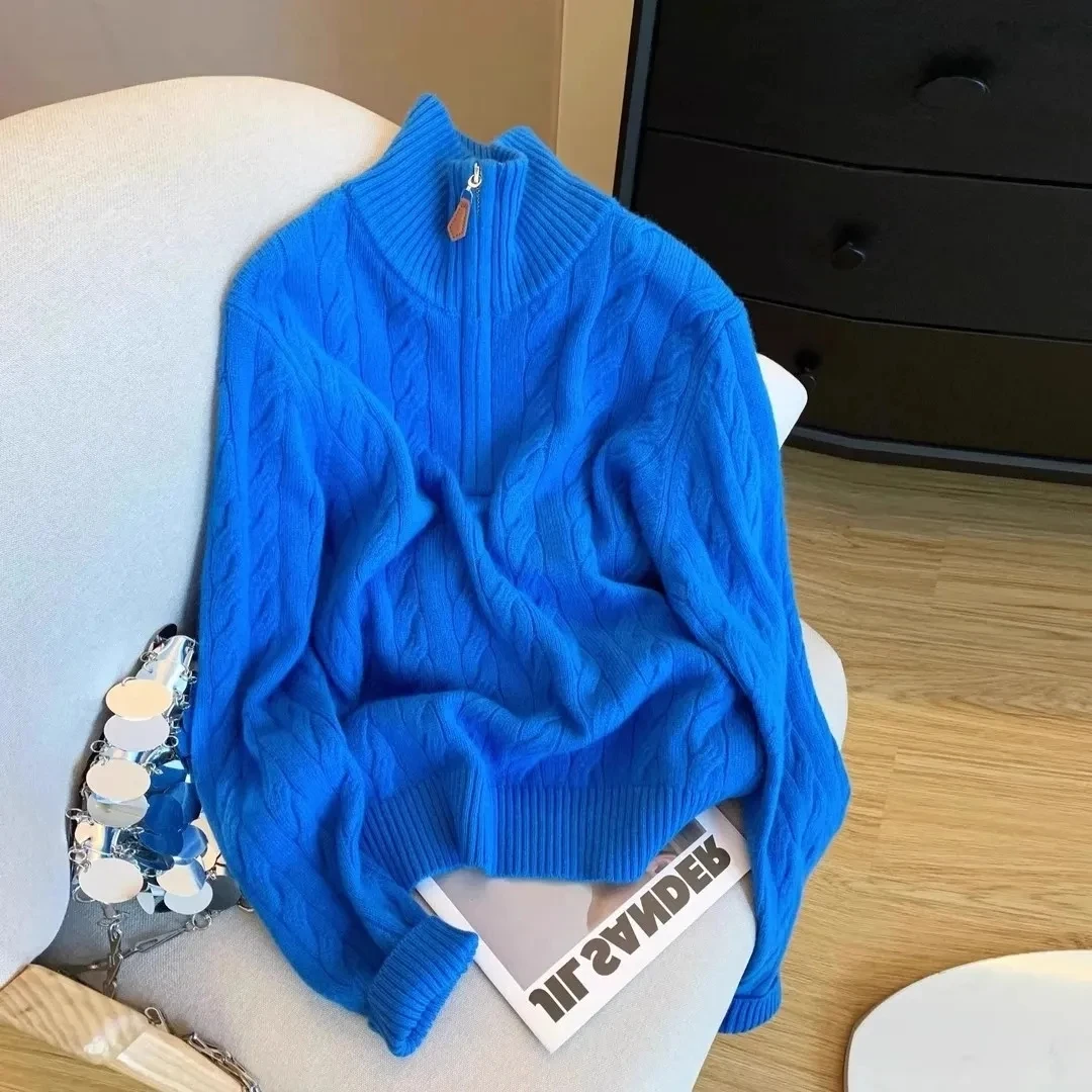 Blue High Neck Half Zipper Knitted Sweater for Women's Autumn Winter New Design Sense Pullover Top Female Loose Warm Sweaters