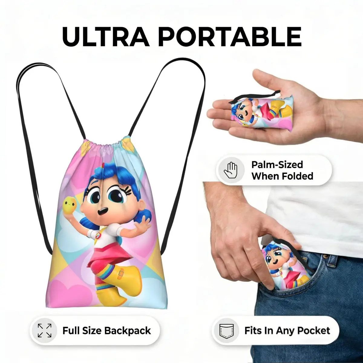 True And The Rainbow Kingdom Drawstring Backpack hiking cycling Bag Lightweight Foldable Storage Drawstring Bag for Men Women