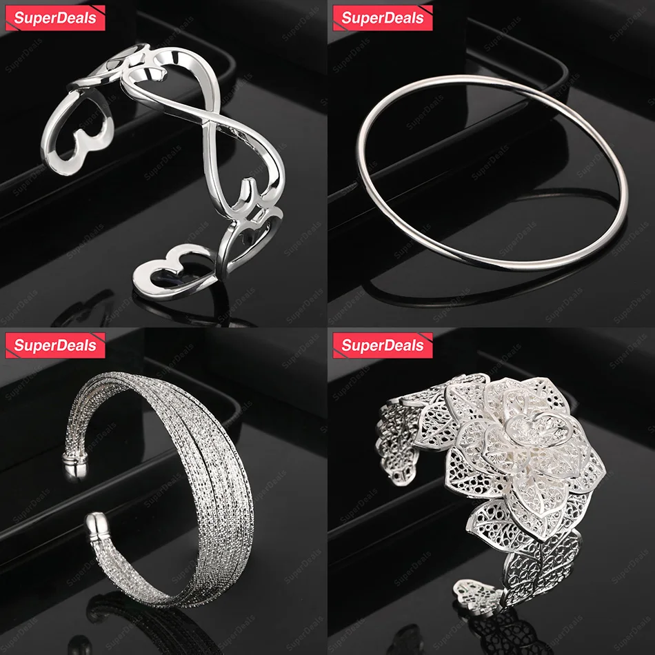 

SuperDeals 925 Sterling Silver Butterfly Flowers Round Multi-line Bangles Women Fashion Charm Wedding Party Pretty Jewelry Gift