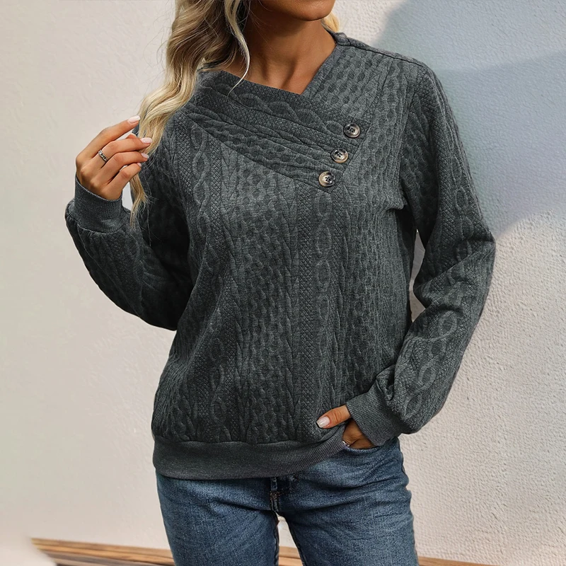 

Women's Dark Gray Textured Knit Asymmetric Button Sweatshirt Casual Loose Long Sleeve Pullover Top