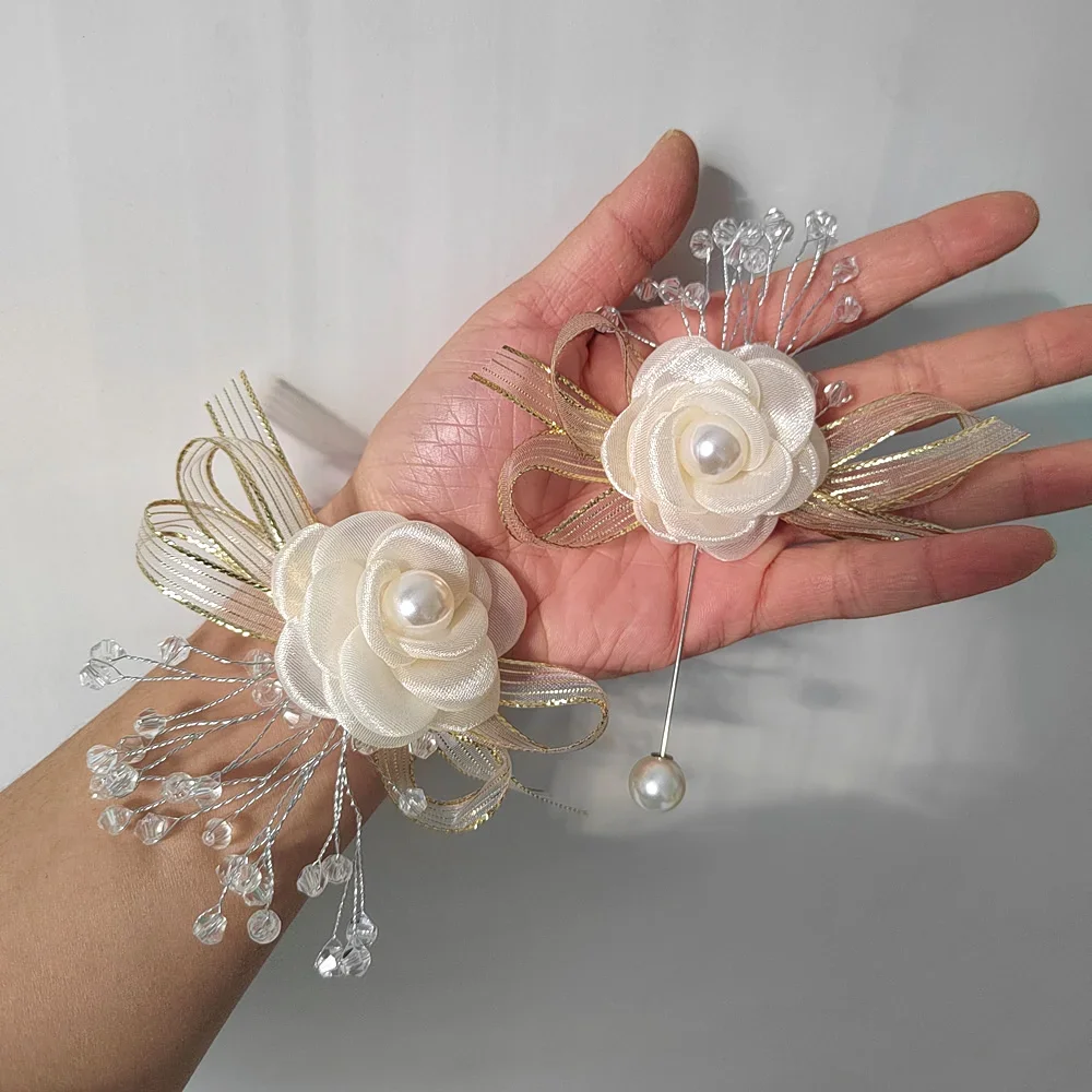 Romantic  Ivory Rose Wrist Flowers Men's Corsage Wedding Flowers Ceremony Boutonniere Buttonholes Wrist Corsage Prom Suit Decor