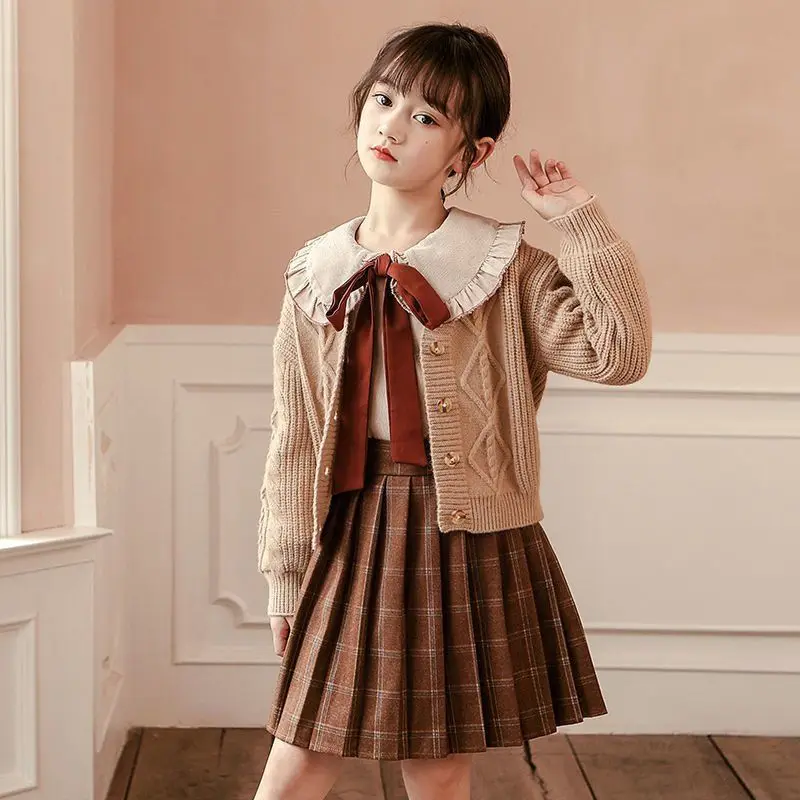 

Girl Suit 2023 New Spring Autumn Korean Fashion Style Sets Girls Long Sleeve Knit Jacket Preppy Shirt Pleated Skirt Three Piece