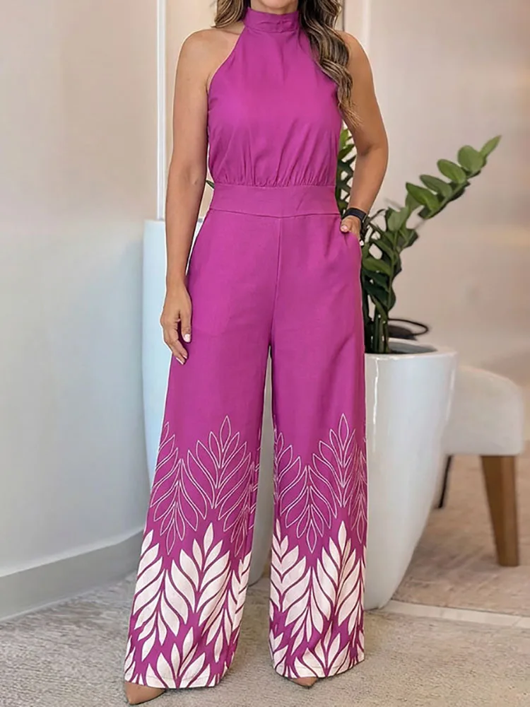 

Fashion High Waist Pocket Straight Romper Women Sexy Wide Leg Pants Printed Playsuit Elegant O-neck Sleeveless Summer Jumpsuits