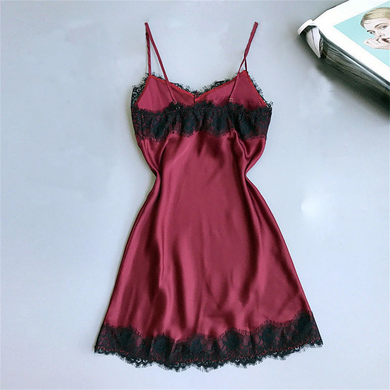 Women Lace Pajamas Sexy Ice Silk Lotus Leaf Pendulum Sleepwear V-Neck Cami Nightdress Home Nightwear Exotic Lingerie Costumes