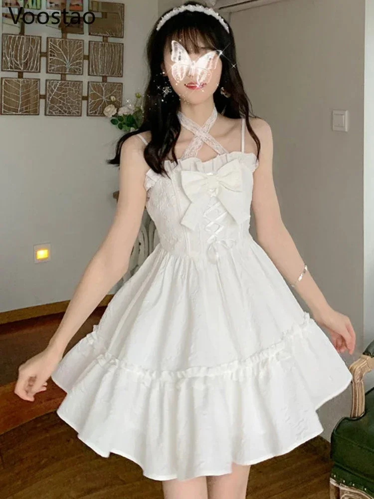 Robe Lolita Kawaii à bretelles blanches pour femmes, Mini robes, Dégradé sexy, Décontracté, Doux, Designer, Noeud, Chic, Mode coréenne, Été