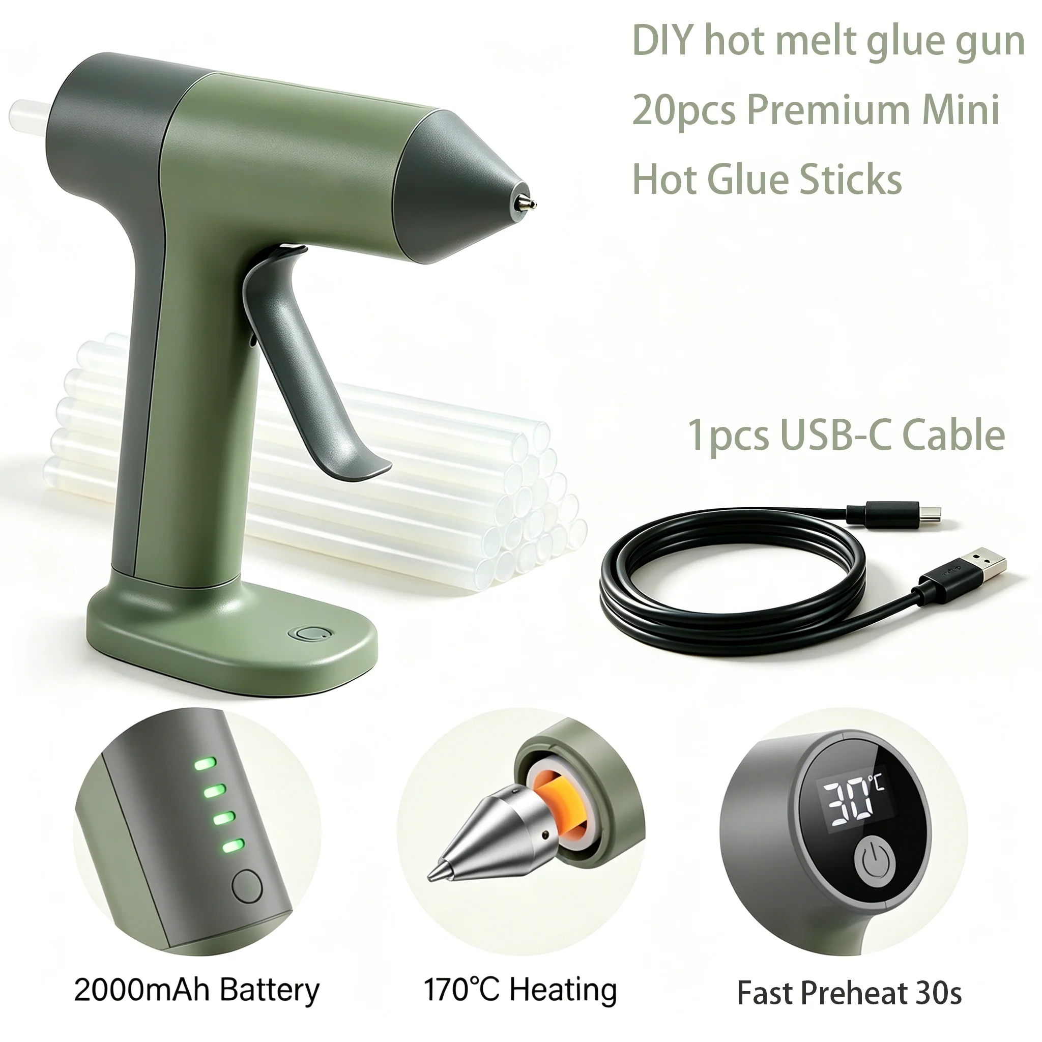 

Cordless Glue Gun 30s Fast Heating Electric Hot Melt Glue Gun With 20pcs 7x140mm Glue Sticks 2000mAh Type-C Rechargeable Hot Melt Glue Gun 1.7mm Precision Nozzle For DIY Craft Home Repair Quick Repairs