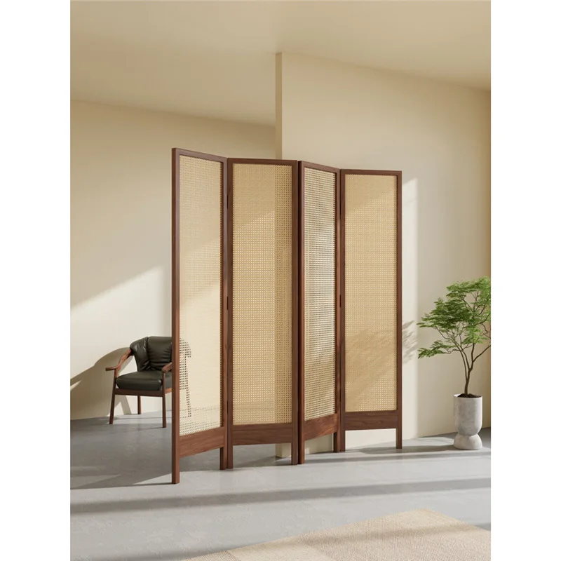 black walnut Song style aesthetic rattan woven screen tea room partition folding screen Zen club furniture