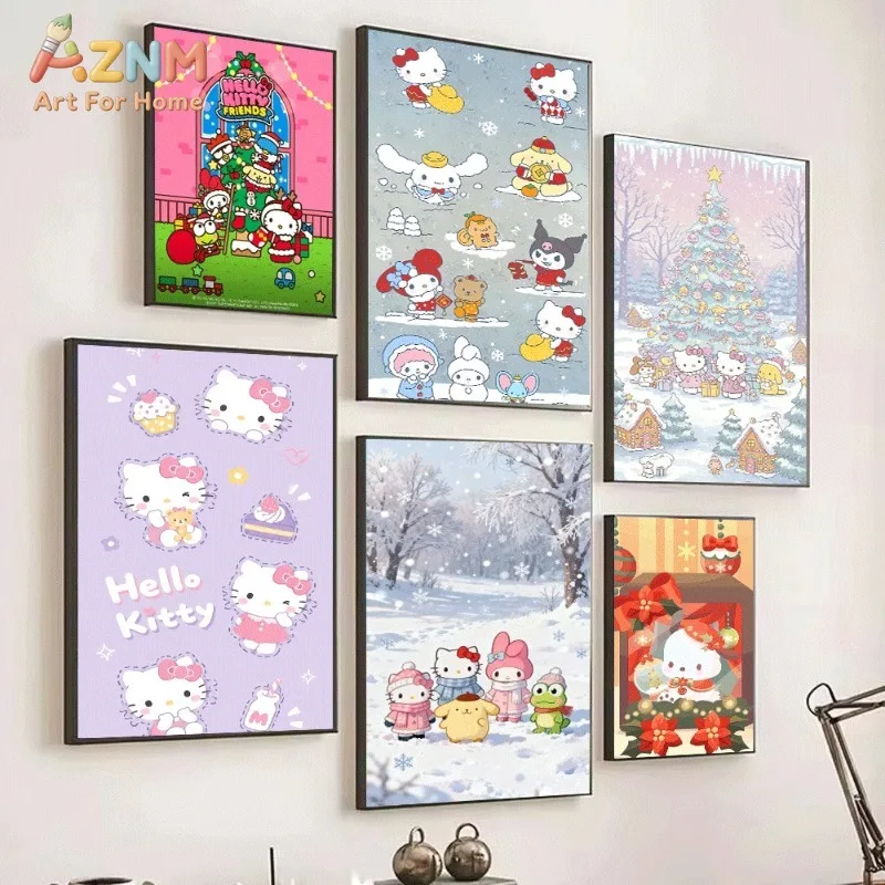 Hello Kitty And Friends Christmas Window Cute Cartoon Canvas Wall Art Unframed Canvas Poster Print for Kids Bedroom Nursery Home