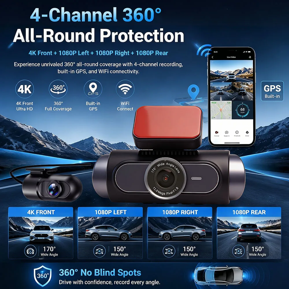 4K 4CHs Dash Cam WiFi GPS Car DVR Camera Dashcam Video Recorder 360 Panaromic Camera 24H Parking Monitoring Night Vision Dashcam