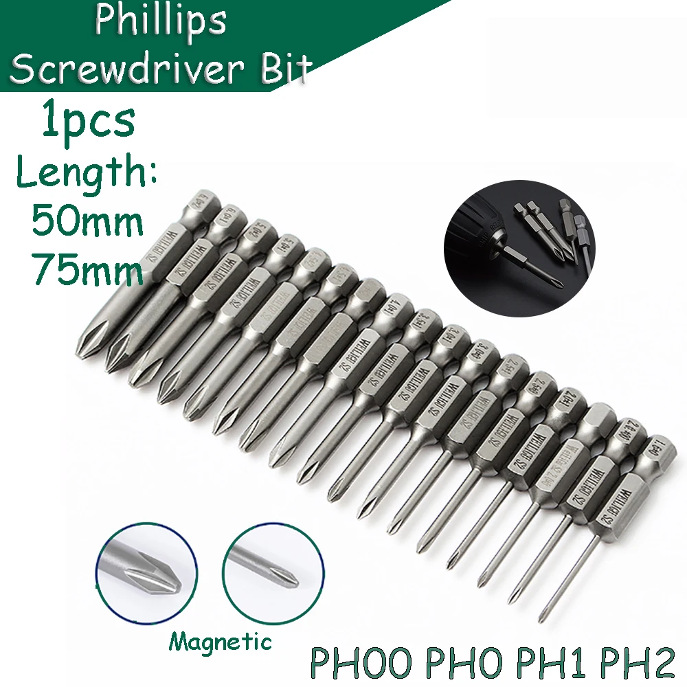 1pcs Phillips Screwdriver Bit PH00 PH0 PH1 PH2 Magnetic 1/4 in. Hex Shank S2 Steel 50/70mm Length Electric Batch Head Repair