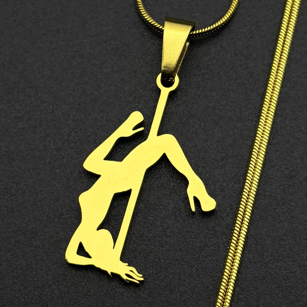 Pole Dance Figur Mädchen Kette für Frauen Männer Edelstahl Goldfarben Kunst Musikalisch Trendy Sport Anhänger Halskette Schmuck Geschenke – Detail 5