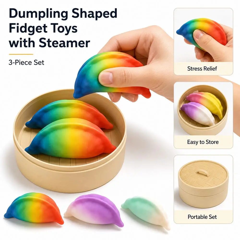 3pcs/Set Dumpling Fidget Glitter With Steamer Steamed Bun Squeeze Pinch Le Funny Soft Squeeze Decompression Dough