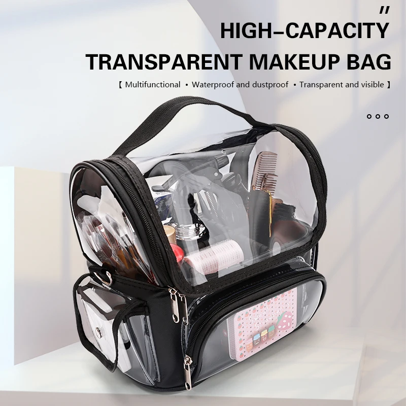 Professional with Adjustable Strap and Dividers Makeup Brush Case Makeup Artist Travel Clear Waterproof Cosmetic Organizer Bag